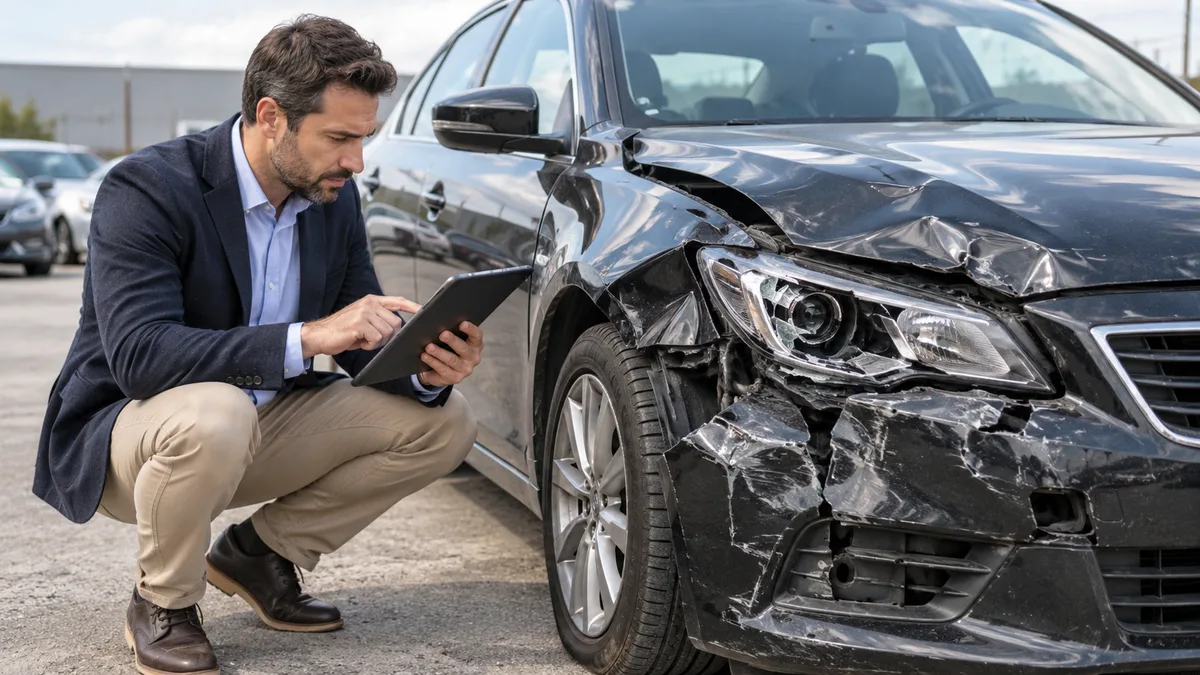 Profesional inspeccionando un coche accidentado